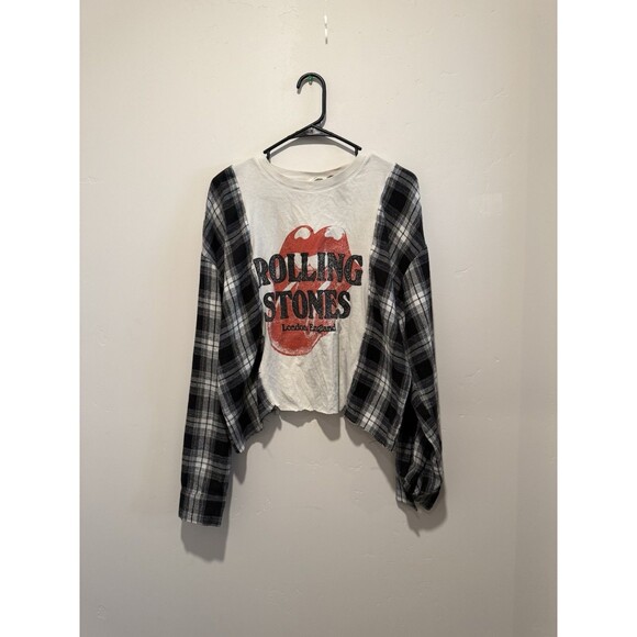 Reworked Upcycle Grunge Oversize Crop Rolling Stones Flannel Top S - Picture 1 of 4